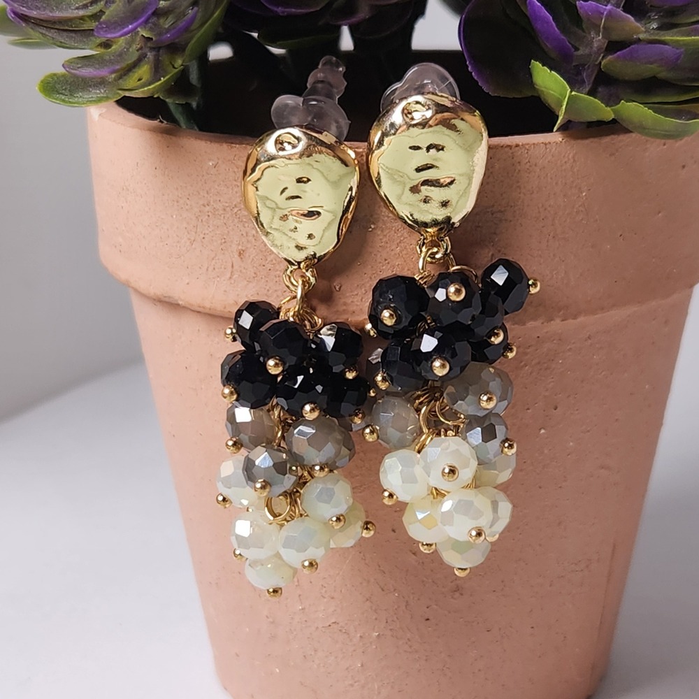 Gold Hammered Stud Black Gray White Faceted Bead Tiered Cluster Drop 1.75"